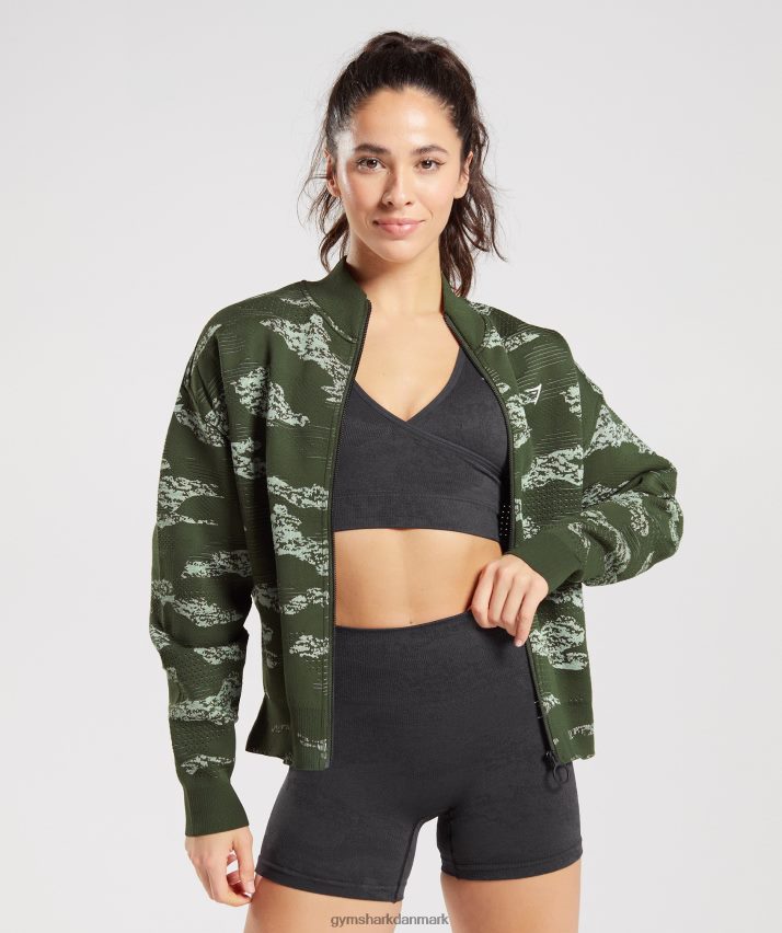 Kvinder Gymshark adapt camo sømløs træningsjakke N4ZDDN371 mos oliven/aloe grøn