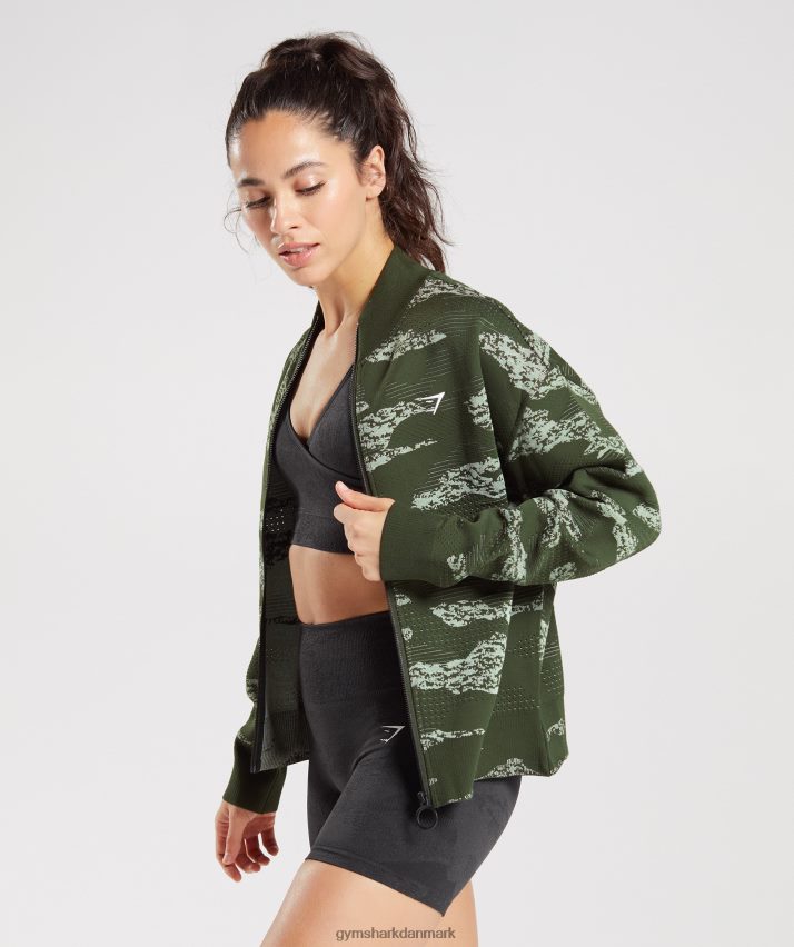 Kvinder Gymshark adapt camo sømløs træningsjakke N4ZDDN371 mos oliven/aloe grøn