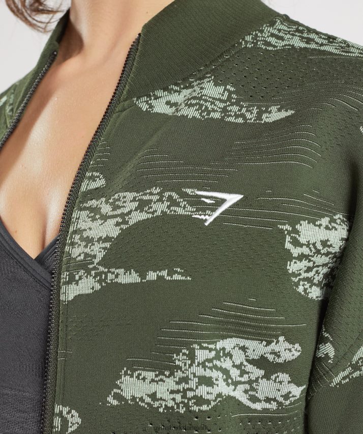 Kvinder Gymshark adapt camo sømløs træningsjakke N4ZDDN371 mos oliven/aloe grøn