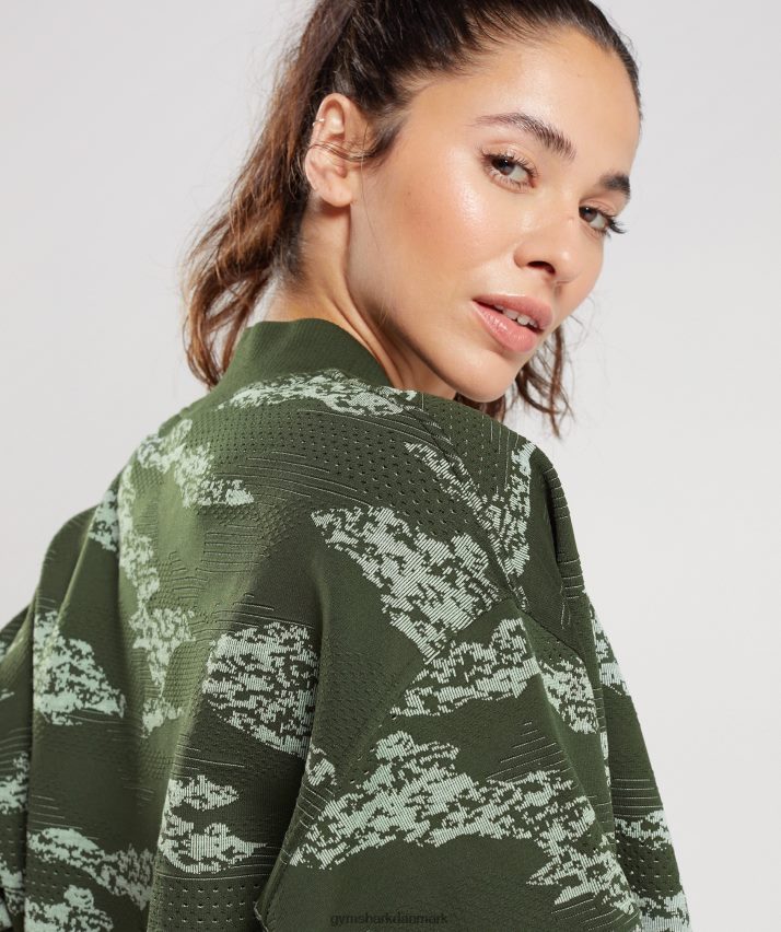 Kvinder Gymshark adapt camo sømløs træningsjakke N4ZDDN371 mos oliven/aloe grøn