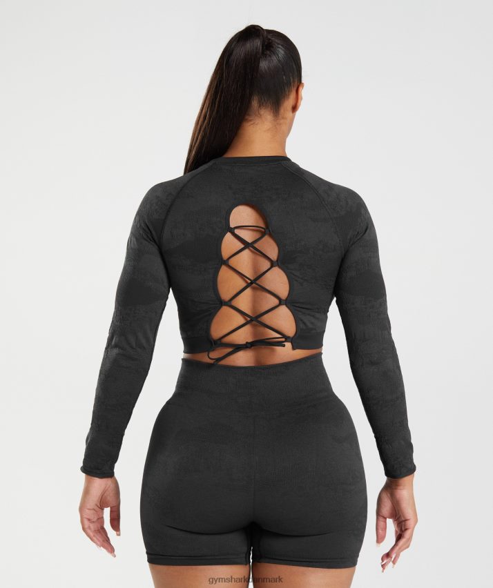 Kvinder Gymshark Tilpas camo sømløs snørebånd på bagsiden N4ZDDN451 sort/onyx grå