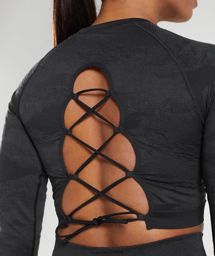 Kvinder Gymshark Tilpas camo sømløs snørebånd på bagsiden N4ZDDN451 sort/onyx grå