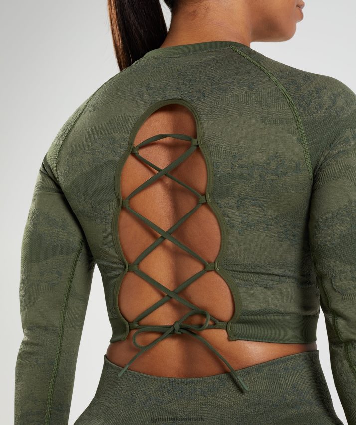 Kvinder Gymshark Tilpas camo sømløs snørebånd på bagsiden N4ZDDN452 mos oliven/kerneoliven