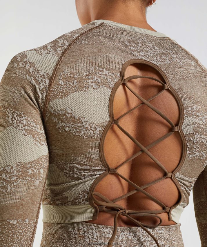 Kvinder Gymshark Tilpas camo sømløs snørebånd på bagsiden N4ZDDN458 småstensgrå/sjælebrun