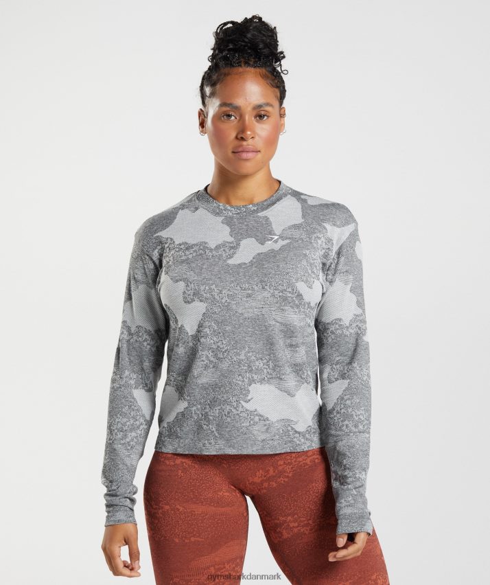 Kvinder Gymshark adapt camo sømløs langærmet top N4ZDDN465 lys grå/sort