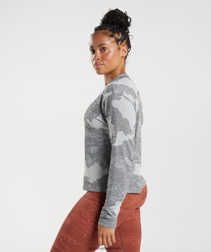 Kvinder Gymshark adapt camo sømløs langærmet top N4ZDDN465 lys grå/sort