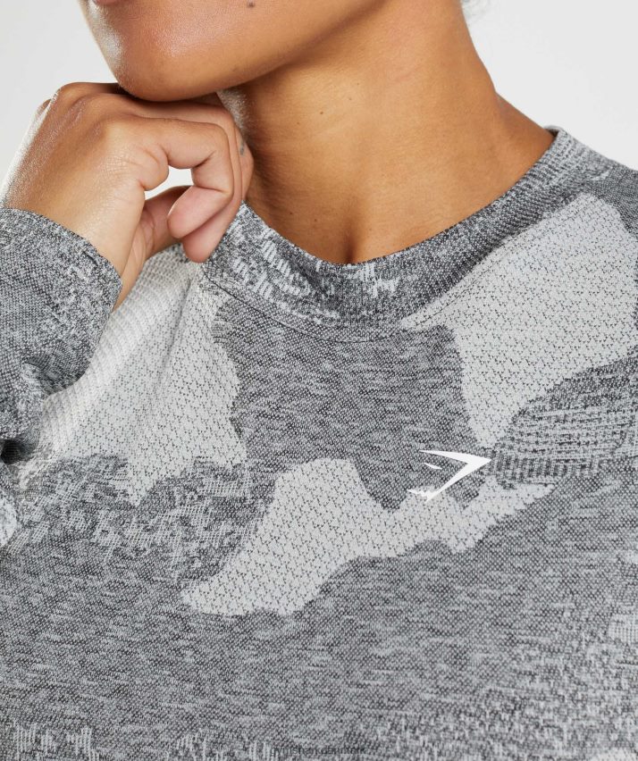 Kvinder Gymshark adapt camo sømløs langærmet top N4ZDDN465 lys grå/sort