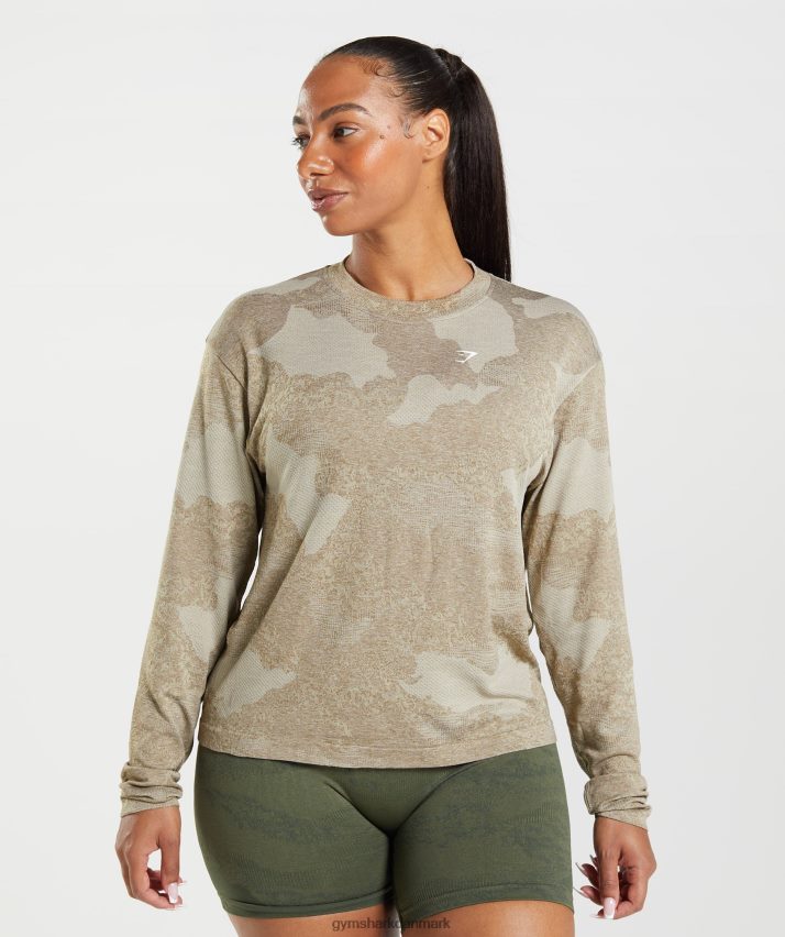 Kvinder Gymshark adapt camo sømløs langærmet top N4ZDDN477 småstensgrå/sjælebrun