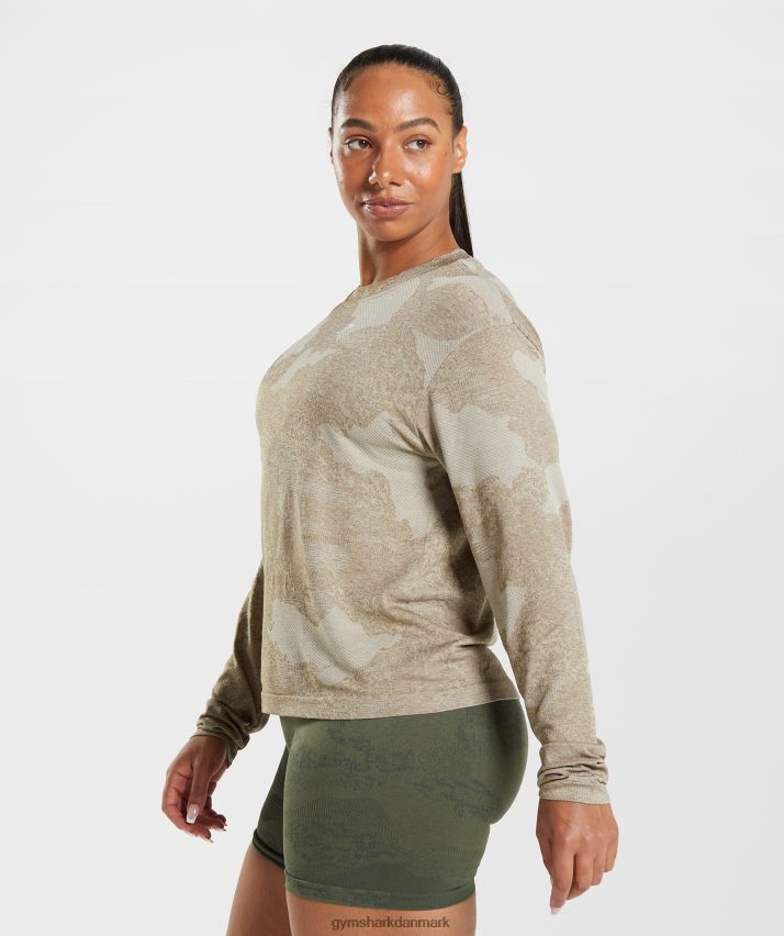 Kvinder Gymshark adapt camo sømløs langærmet top N4ZDDN477 småstensgrå/sjælebrun
