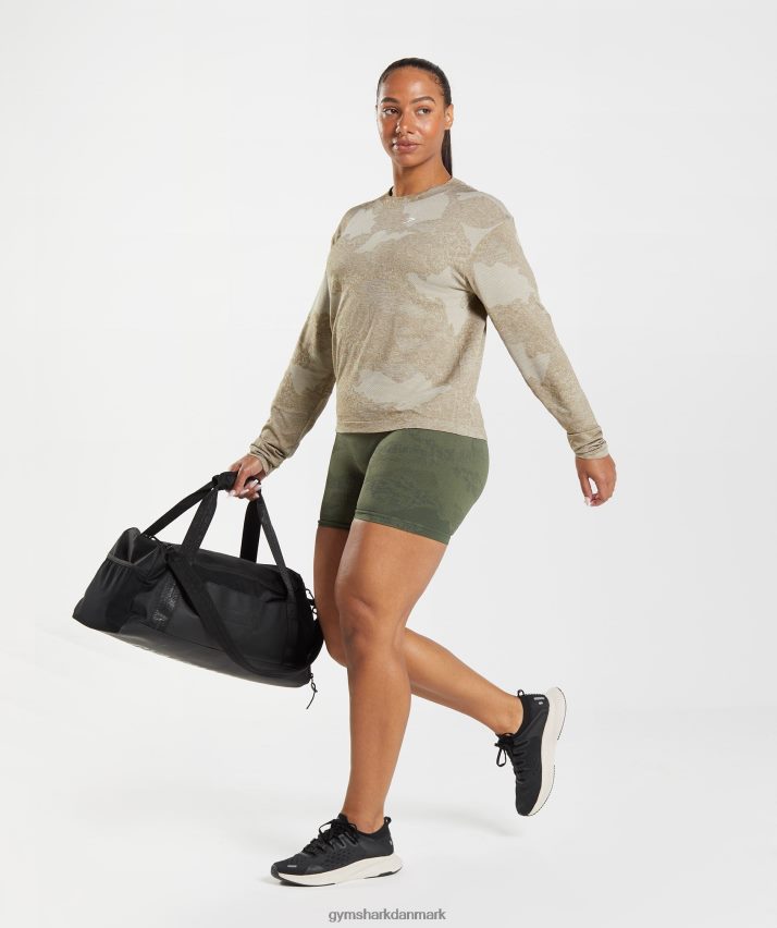 Kvinder Gymshark adapt camo sømløs langærmet top N4ZDDN477 småstensgrå/sjælebrun