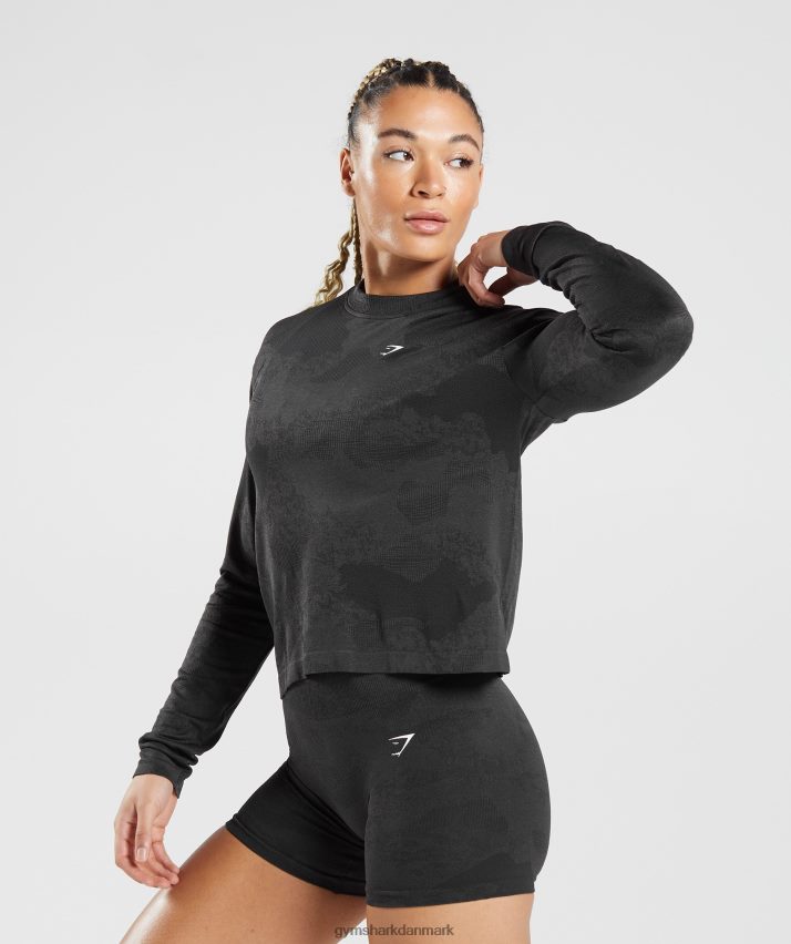 Kvinder Gymshark adapt camo sømløs langærmet top N4ZDDN478 lava | sort