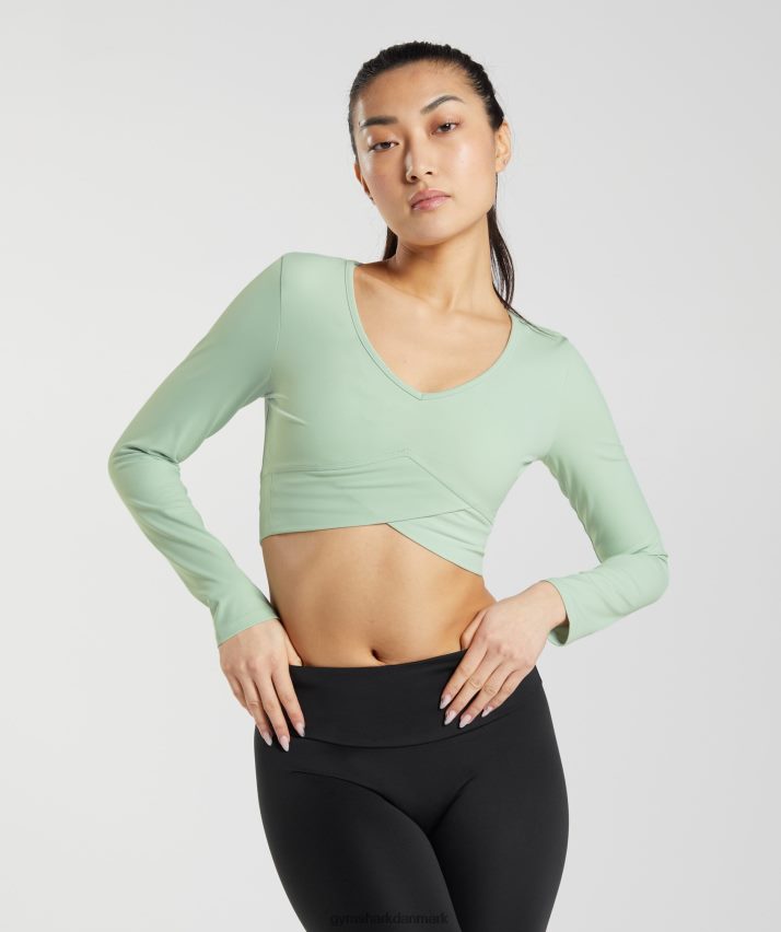 Kvinder Gymshark crossover langærmet crop top N4ZDDN454 tågegrøn