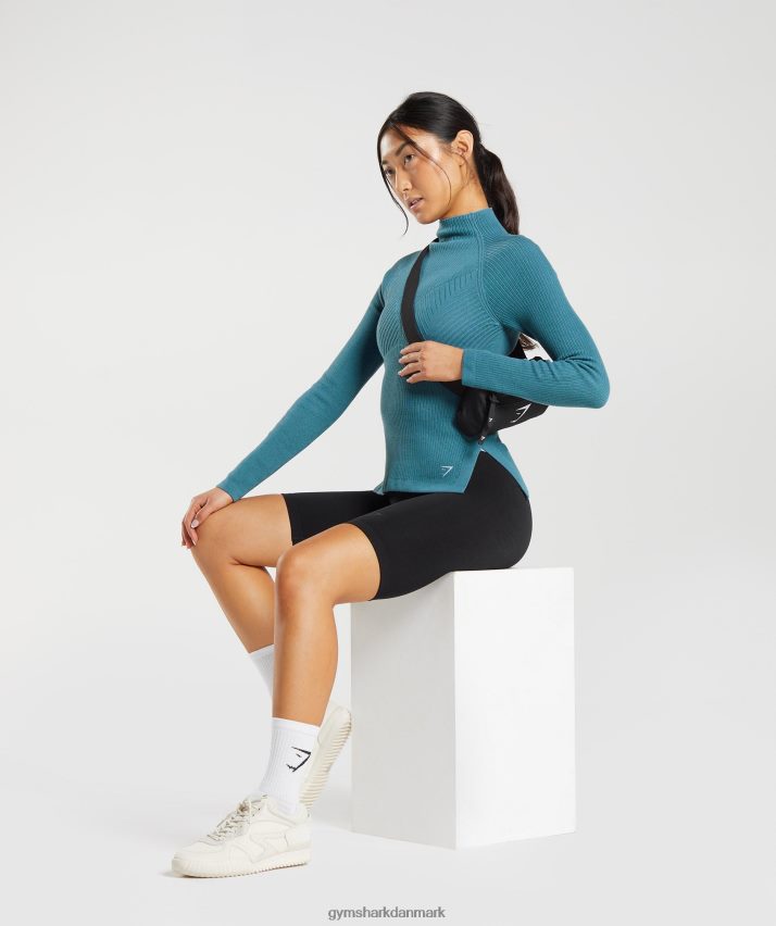 Kvinder Gymshark pause strik langærmet top N4ZDDN446 forkullet blå/tam blå
