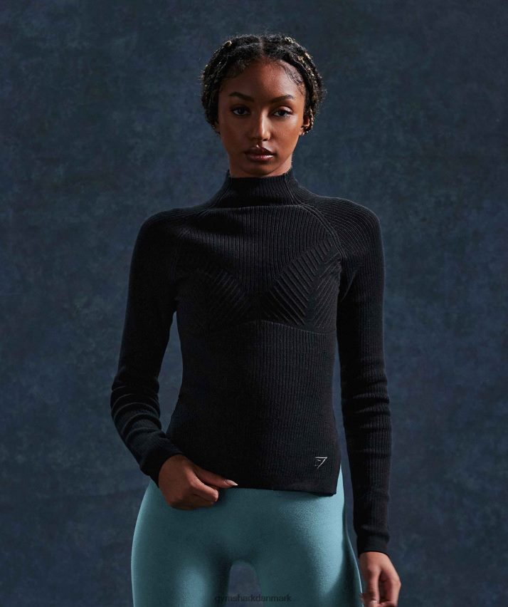Kvinder Gymshark pause strik langærmet top N4ZDDN461 sort/onyx grå