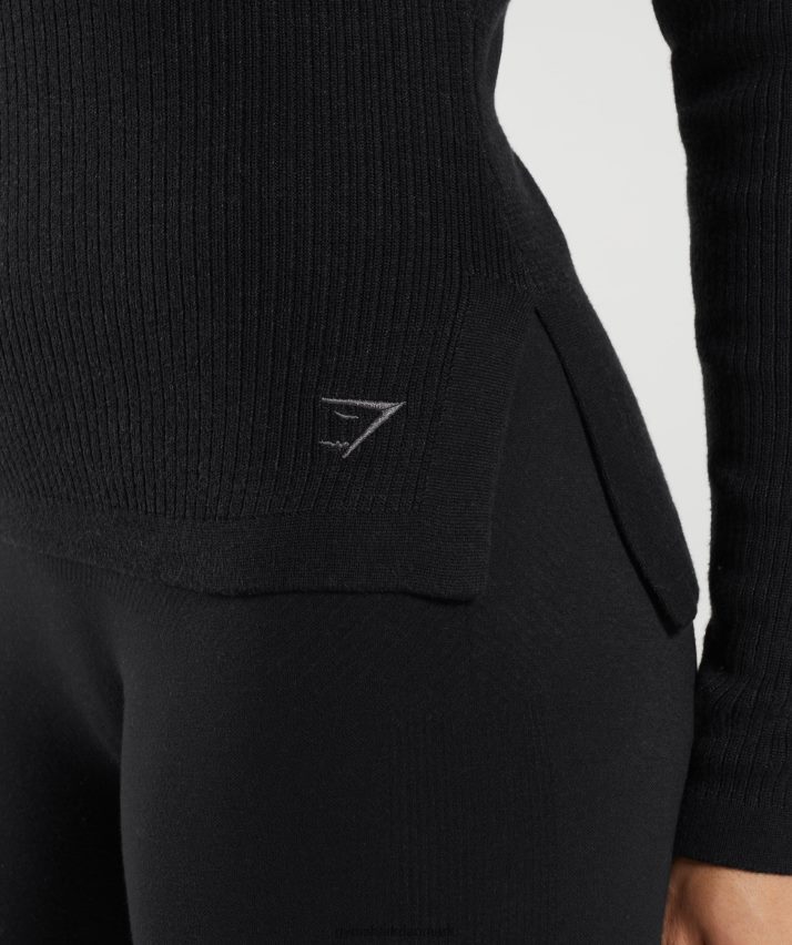 Kvinder Gymshark pause strik langærmet top N4ZDDN461 sort/onyx grå
