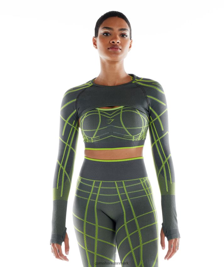 Kvinder Gymshark wtflex lineær sømløs langærmet skuldertræk N4ZDDN490 koksgrå/fluogrøn/lysegrå