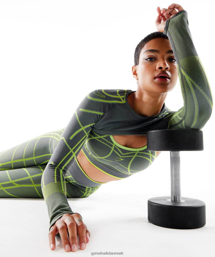 Kvinder Gymshark wtflex lineær sømløs langærmet skuldertræk N4ZDDN490 koksgrå/fluogrøn/lysegrå