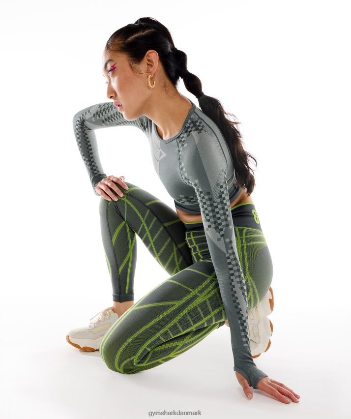 Kvinder Gymshark wtflex lineære sømløse leggings N4ZDDN323 koksgrå/fluogrøn/ lysegrå