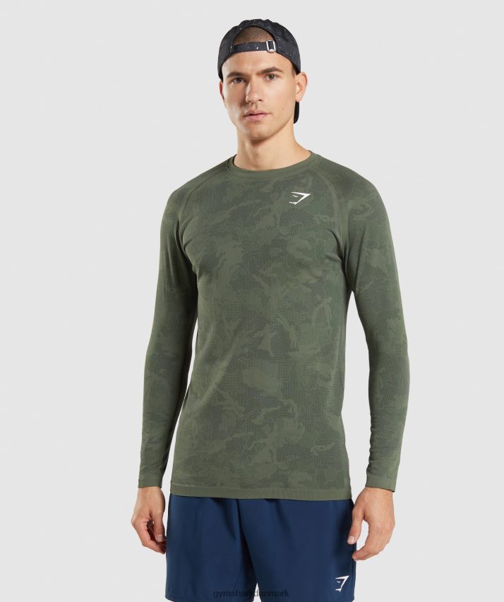 Mænd Gymshark geo sømløs langærmet t-shirt N4ZDDN599 kerne oliven/sort