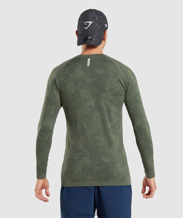 Mænd Gymshark geo sømløs langærmet t-shirt N4ZDDN599 kerne oliven/sort
